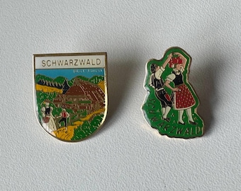 Rare Black Forest Pin Set – Traditional Costume & Landscape Motifs, 2‑Piece