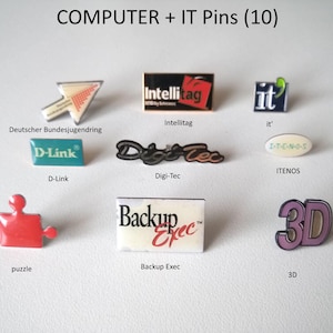 Peut inclure: Une collection de dix épingles à thème informatique et informatique. Les épingles présentent des logos d'entreprises telles que D-Link, Intellitag, Digi-Tec et ITENOS. Il y a aussi une épingle avec une pièce de puzzle, une épingle avec un curseur de souris et une épingle avec le texte "Backup Exec".