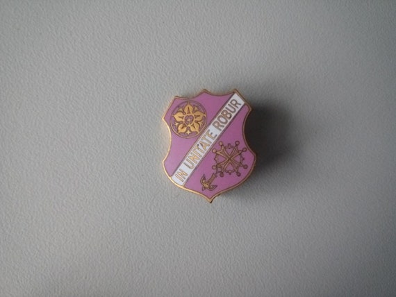 In Unitate Robur = strength in unity pink coat of arms brooch lapel pin enamelled 1930s