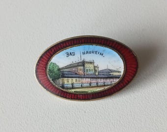 Historical Bad Nauheim Brooch – Hand-Enamelled Kurhaus & Red Enamel Ring