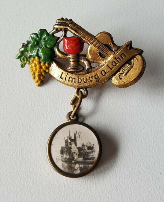 Limburg a. d. Lahn DOM motif photo as pendant with brooch grapevine, wine glass, guitar original 1920s