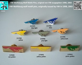 Original VW Wolfsburg wolf motif pins from 1998 and 2002 - unique collector's items for Volkswagen fans!