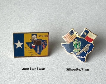 Texas – Rare Lone Star souvenir pins with silhouette & flag designs, collector pieces to choose from