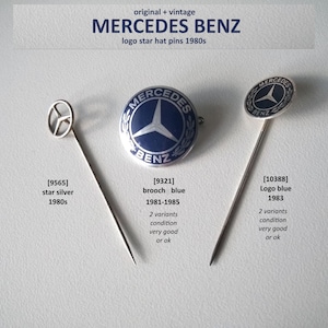 Pode incluir: Três alfinetes de chapéu com o logótipo Mercedes Benz vintage dos anos 1980. Os alfinetes incluem uma estrela prateada, um broche azul e um alfinete com o logótipo azul. O texto na imagem diz "MERCEDES BENZ" e "logo star hat pins 1980s."