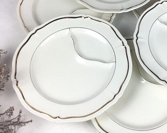 6 ASPARAGUS PLATES/ironstone signed LONGCHAMP/French vintage/set of 6 white artichoke platters in relief with gold filet/refined dinnerware