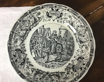 PLATE "Entrance of Joan of ARC in Orleans"/ironstone 19th C. by Digoin Sarreguemines/French antique/theme French HISTORY/black transferware