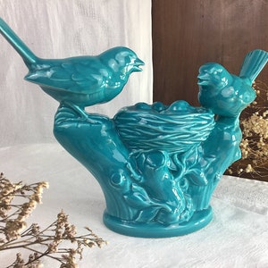 Statue of BIRDS with nest/SCULPTURE sparrows & branches in turquoise blue MAJOLICA/French vintage/Art Deco statue for a French country decor