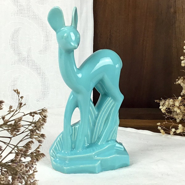 Statue BICHE Art Déco/antiquité Française/SCULPTURE de faon en faïence signée St CLÉMENT/barbotine bleue/figurine 1920 pour décor campagne