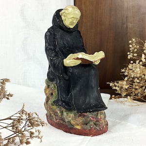 STATUE of a MONK/French antique/plaster/Christian RELIGIOUS art sculpture/figure of a priest reading for an office decor
