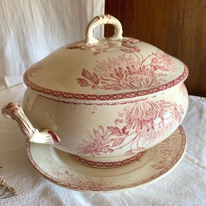 TUREEN & serving DISH with flowers/ironstone with PINK transfer by Creil et Montereau/antique French/soup bowl on pedestal with lid and dish