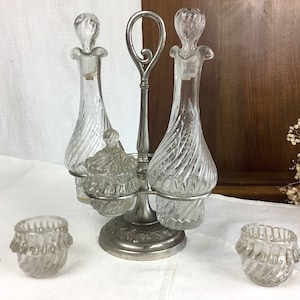 Set of refined BURETTES & POTS/French antique/silver metal stand/glass bottles and pots/oil, vinegar, salt, pepper, mustard/condiment set