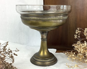 Cake STAND on PEDESTAL/French antique/golden metal base & glass crystal bowl/large Art Deco FRUIT bowl for a refined centerpiece