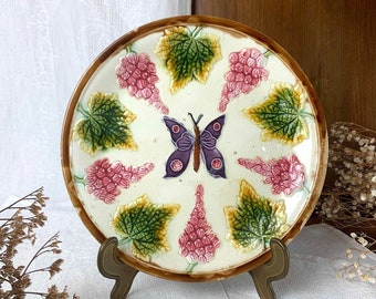 PLATE BUTTERFLY pattern & vine leaf and grape/antique MAJOLICA/faience platter/French country wall decor for cottage