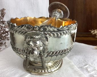 Glasses COOLER/French antique/VICTORIAN silver plated & golden bowl with lion heads/MONTEITH or wine glass chiller bowl for 19th centerpiece