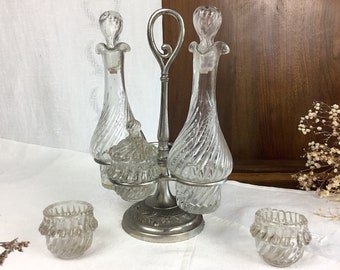 Set of refined BURETTES & POTS/French antique/silver metal stand/glass bottles and pots/oil, vinegar, salt, pepper, mustard/condiment set