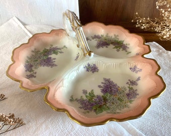 French MENDIANT or presentation plate in 3 parts/PORCELAIN pattern in transfer of LILAC & gold/French antique/romantic serving platter 1930