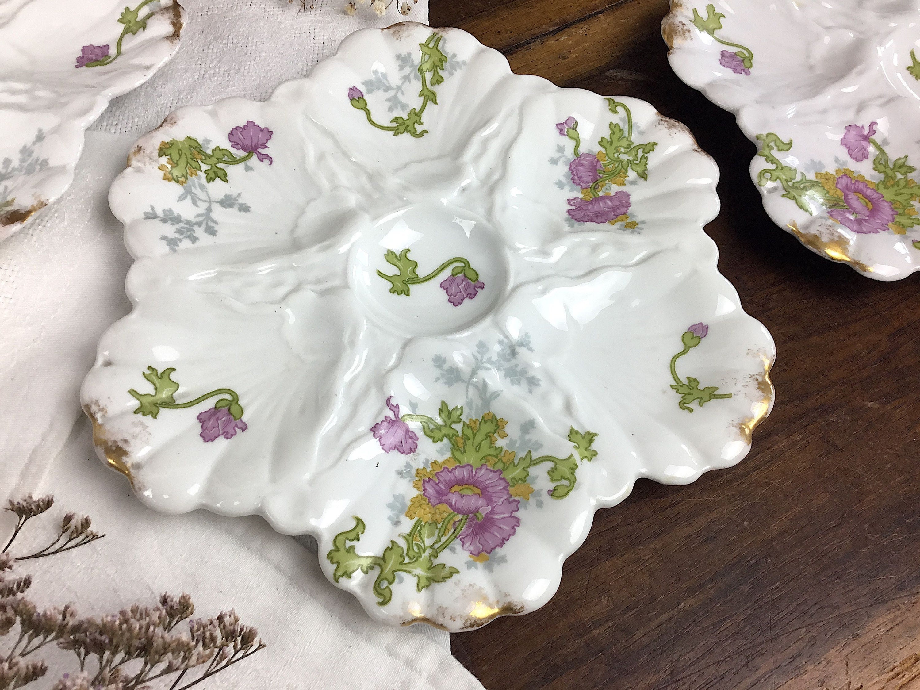 Assiette Huitres Antique/Barbotine Française Par Sazerat Limoges/Plat Fruits de Mer ou Coquillages e