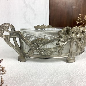 SILVERED metal JARDINIERE & glass crystal basin/French antique/RIBBON and garland decoration/late 19th C. French centerpiece planter