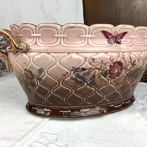 JARDINIERE with BUTTERFLIES & flowers pattern/antique French MAJOLICA/faience by Fives-Lille/cache-pot for centerpiece/decoration 19th C
