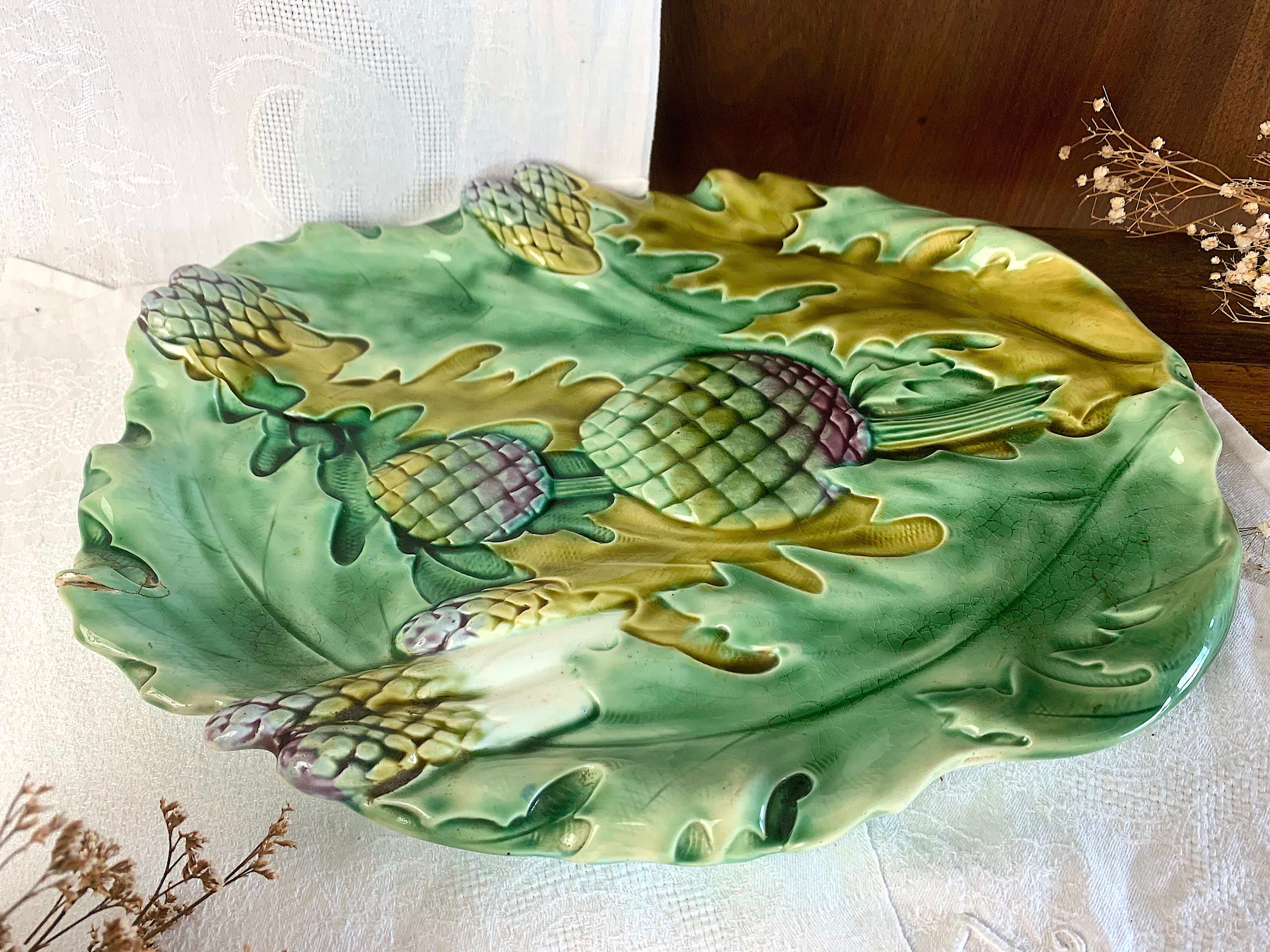 Ancien Plat à Asperges en Céramique Signé - Vintage French Finds