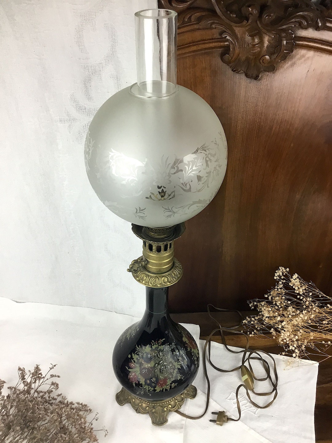 Oil LAMP 19th Electrified/french Antique/black PORCELAIN Flowered