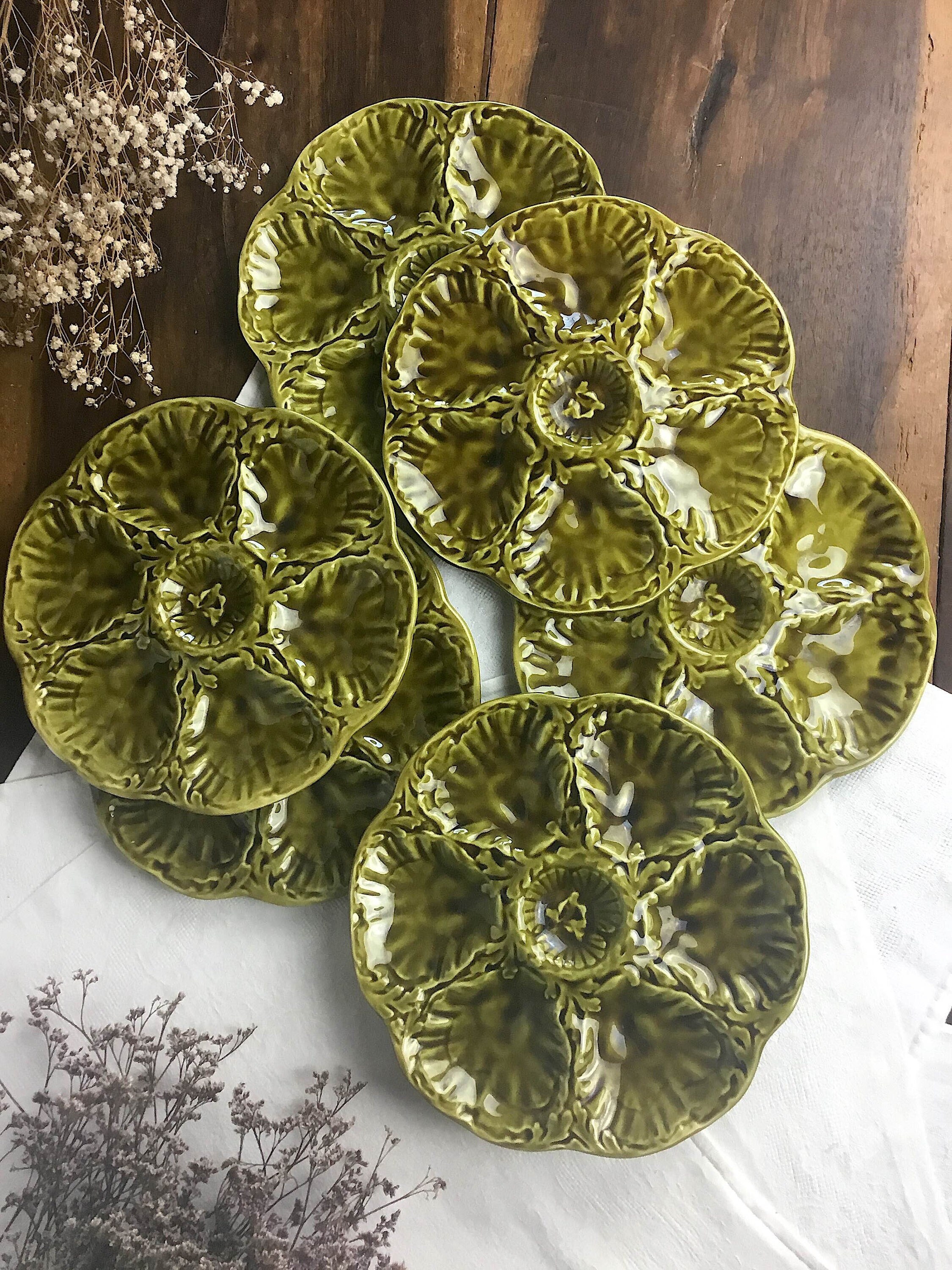 Service de 6 Assiettes à Huîtres/Barbotine Française/Faïence Verte Par Gien/Plats Fruits Mer ou Coqu