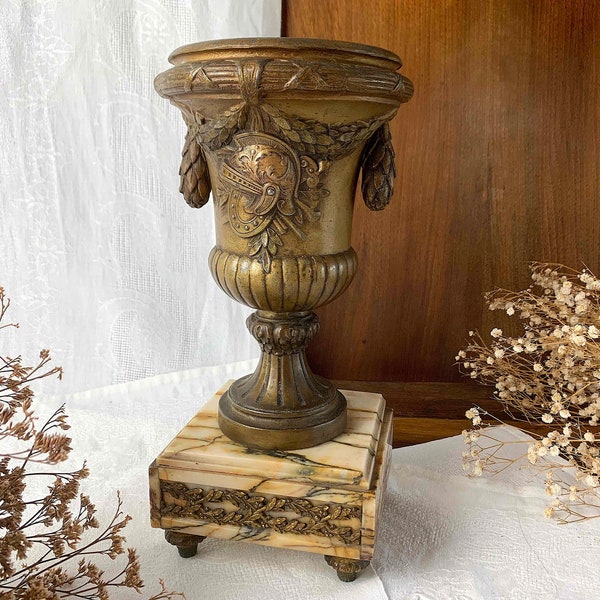 Large URN/French antique/gilded BRONZE & beige marble/19th C. French cassolette/vase for mantelpiece GARNITURE