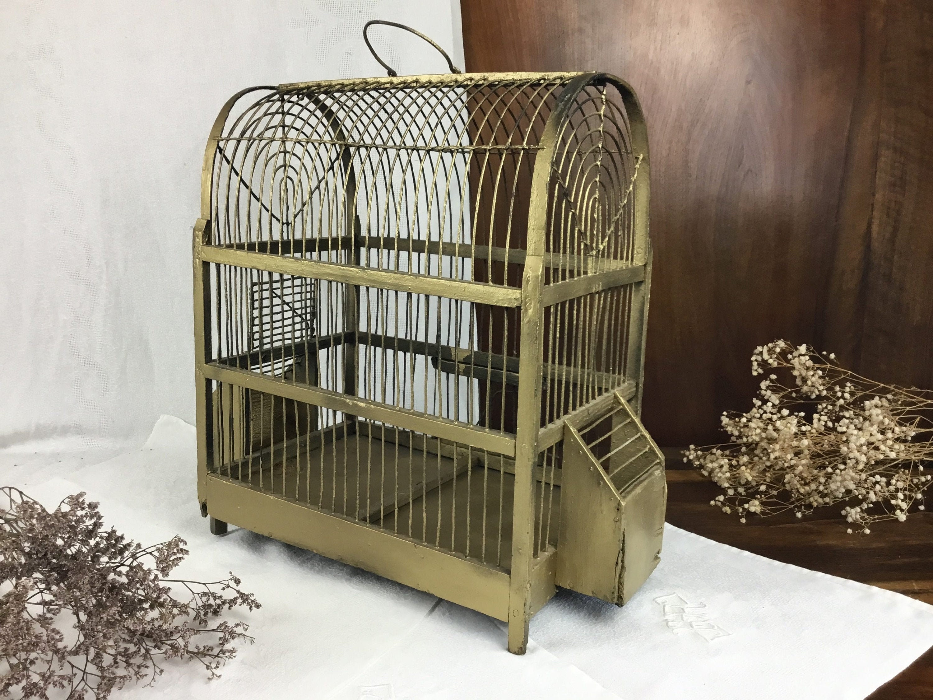 Cage à Oiseaux Dorée Suspendre/Antiquité Française/2 Mangeoires Fil de Fer & Plateau Amovible Bois/M