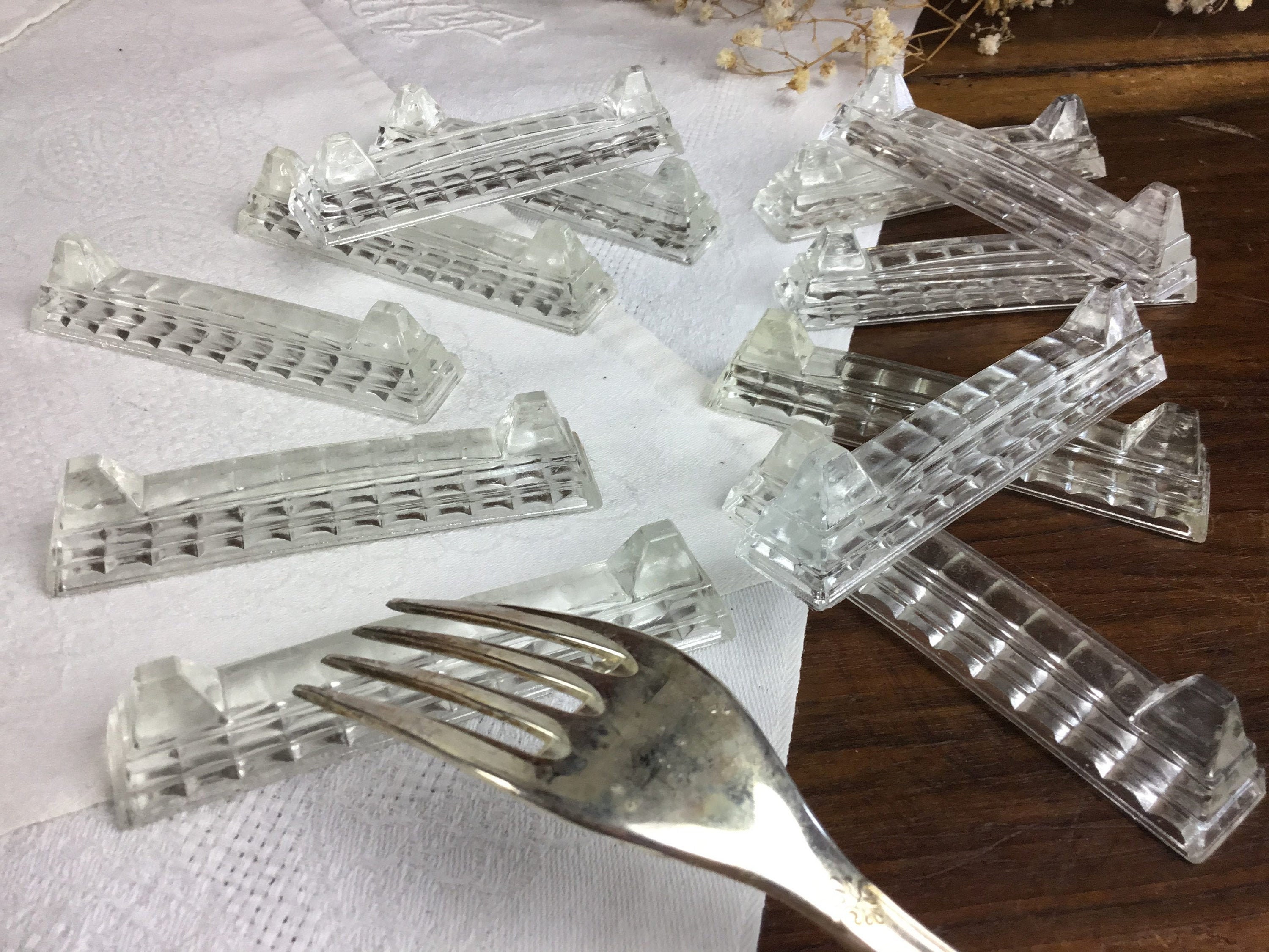 12 crystal KNIFE RESTS/French vintage/set of 12 cutlery holders lead CRYSTAL & original box/1950's design in the French tableware