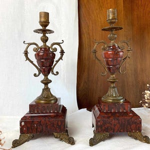 Pair of CANDLESTICKS/red marble & gilded BRONZE/French candle holders from the 19th/French antique/CANDELABRAS for mantel garnitures
