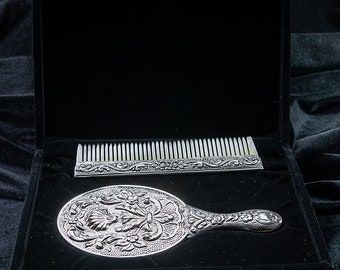 Özel Tasarım El Aynası Ve Kemik Tarak Seti  925 Ayar Gümüş El Yapımı