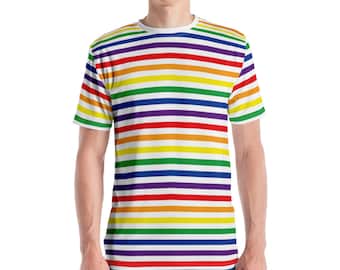 May include: A white t-shirt with horizontal stripes in the colors of the rainbow. The stripes are red, orange, yellow, green, blue, indigo, and violet.