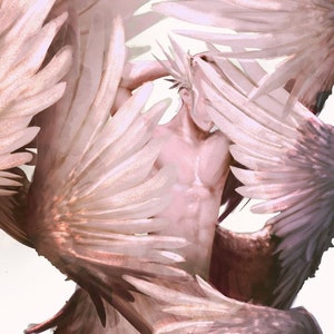 Puede incluir: Una figura desnuda con grandes alas de plumas, que ocultan parcialmente la cara y el cuerpo de la figura. Las alas son de un color rosa pálido suave.