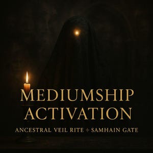 May include: A dark, atmospheric image featuring a hooded figure with a glowing eye, evoking a sense of mystery. A lit candle sits to the left, casting a warm glow. The words "MEDIUMSHIP ACTIVATION" are displayed in gold lettering, along with "ANCESTRAL VEIL RITE" and "SAMHAIN GATE".