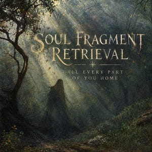 May include: A digital illustration of a dark, silhouetted figure standing in a sunlit forest. The text reads SOUL FRAGMENT RETRIEVAL and CALL EVERY PART OF YOU HOME. The scene features deep greens, browns, and golden light filtering through trees.