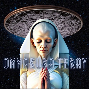 May include: A white-skinned woman with her eyes closed is wearing a white robe and praying with her hands clasped together. The woman is standing in front of a large, circular, metallic object with a grid pattern. The text "OMMAKURATERAY" is written in a stylized font below the woman.