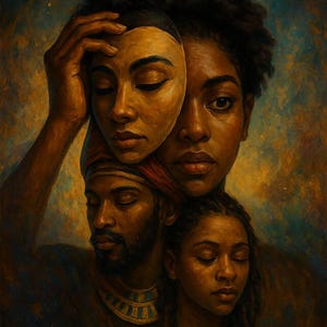 May include: An artistic illustration with four faces and closed eyes, with the text "AKASHIC RECORD READING" and "PAST LIVES". The artwork uses a warm colour palette, focusing on the faces and their expressions.