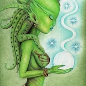 May include: A green-skinned, humanoid figure with an octopus-like appendage on their back, holding a glowing orb in their hands. The figure has a spiky, green mohawk and is surrounded by a swirling, white mist.