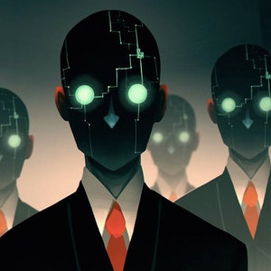 Puede incluir: Un grupo de figuras con cabezas negras y ojos verdes brillantes, que llevan trajes negros y corbatas rojas. Las figuras tienen un aspecto futurista y robótico.