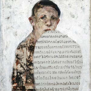 May include: An oil painting on canvas depicting a person with a textured, painterly face and dark hair. A large, light-colored oval shape covers the lower portion of the figure, featuring rows of dark, handwritten, non-Latin script characters.