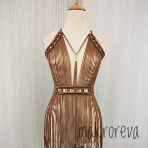 macrame dress , birthday dress , shiny material , crazy party dress , festival dress , brown dress , boho dress , burnungman