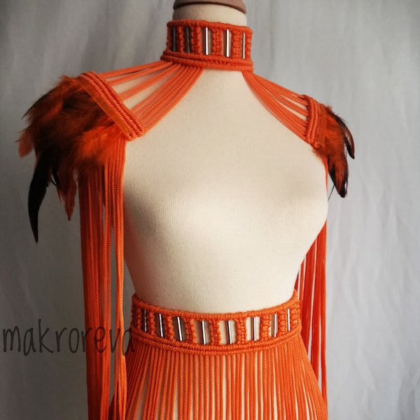 macrame dress, birthday dress, pregnant dress, party dress, festival dress , fringed dress, orange dress, boho dress, burnungman, set of 2