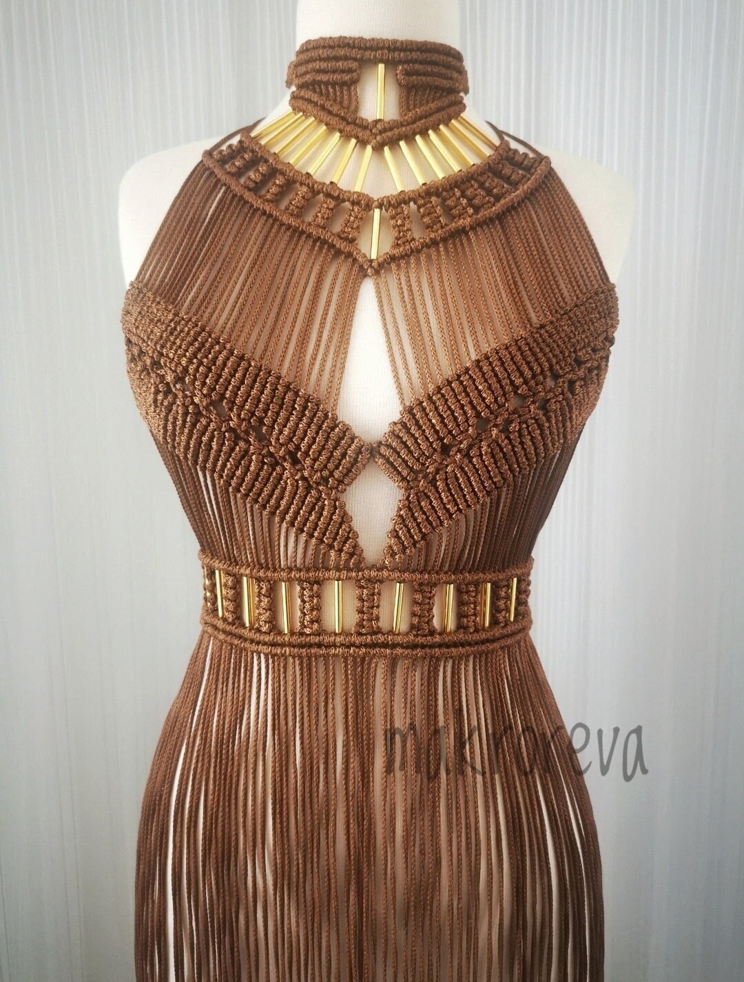 Macrame Dress, Birthday Shiny Material Crazy Party Festival Fringed Brown Boho Burnungman