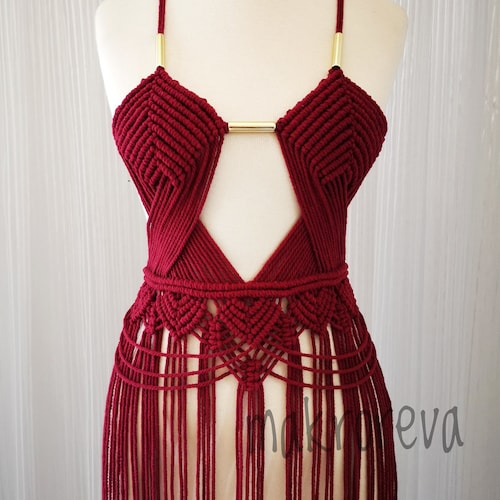 crazy red dress Macrame Dress , Birthday Dress , Cotton Rope , Crazy Party Dress , Festival  Dress , Fringed Dress , Red Dress , Boho Dress, Burnungman
