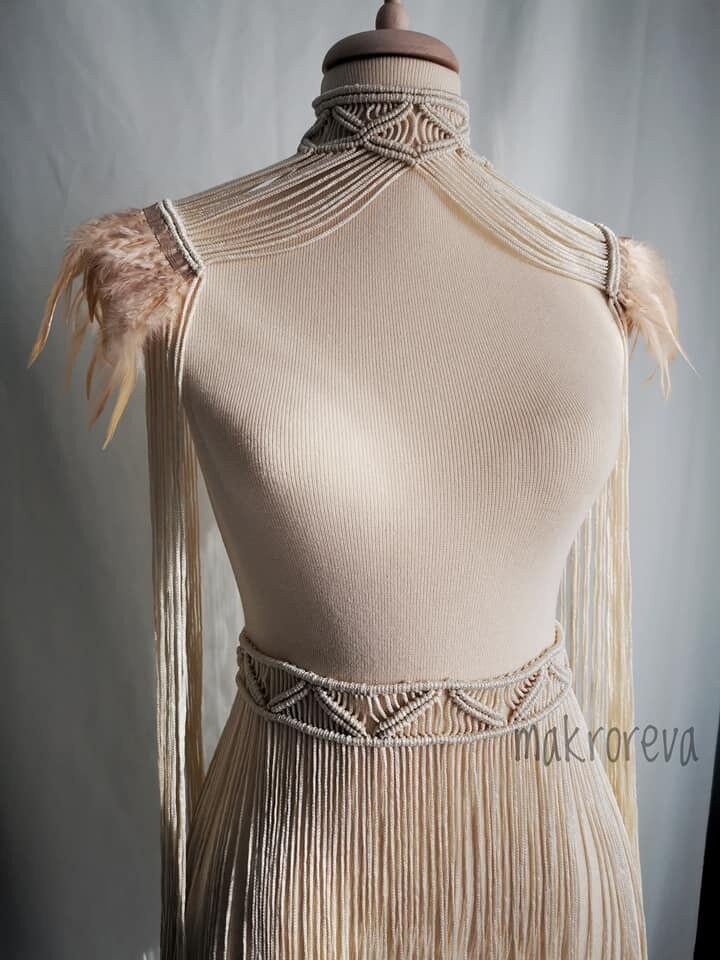 Macrame Dress, Furry Shiny Material Crazy Party Festival Fringed Beige Boho Burnungman