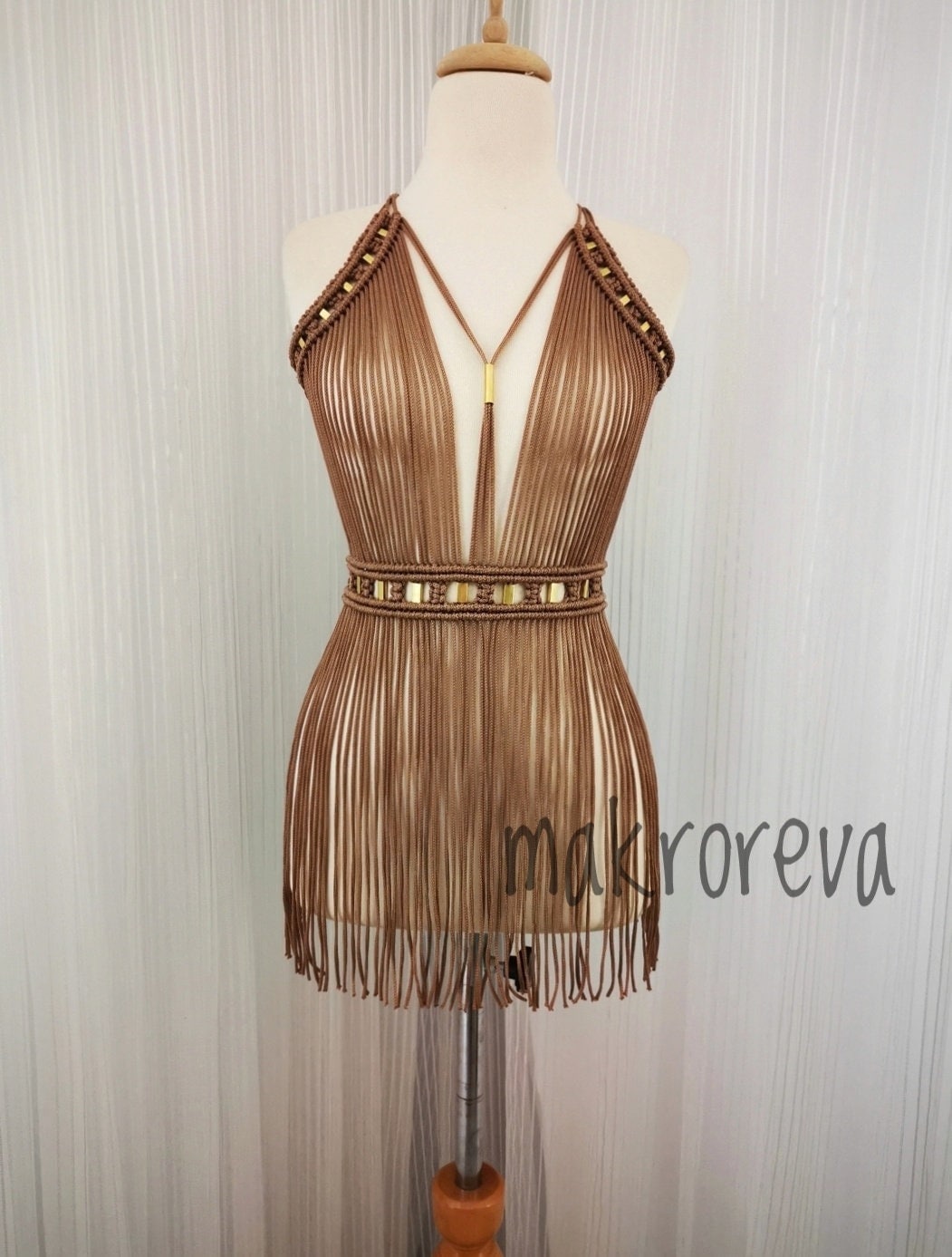 macrame dress , birthday dress , shiny material , crazy party dress , festival dress , brown dress , boho dress , burnungman
