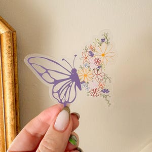 Sticker papillon floral en vinyle transparent, différentes couleurs (blanc, noir, couleur)