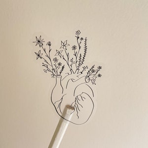 clear vinyl floral anatomical heart sticker, white or black