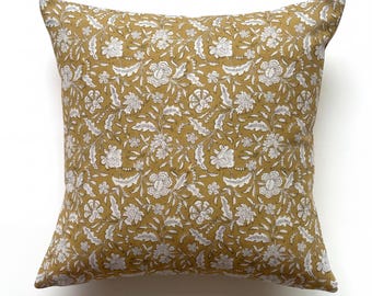 Mustard Floral Block Print Cushion Cover - Mustard Cotton Pillow Cover - Boho Farmhouse Home Decor - 17x17