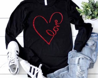 Long Sleeved Glitter Love Shirt, Glitter Valentine’s Day Shirt, Love Valentine’s Day Shirt, glitter love shirt